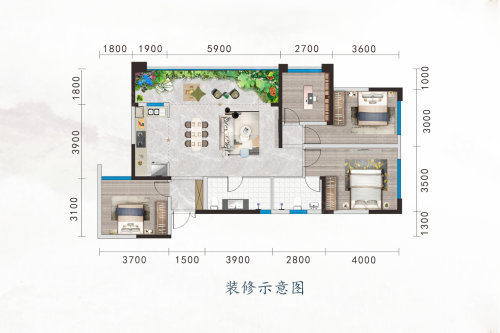 A户型，4室2厅2卫1厨，建筑面积约89.00平米户型图