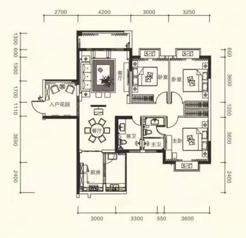 B户型，3室2厅2卫1厨，建筑面积约119.60平米户型图