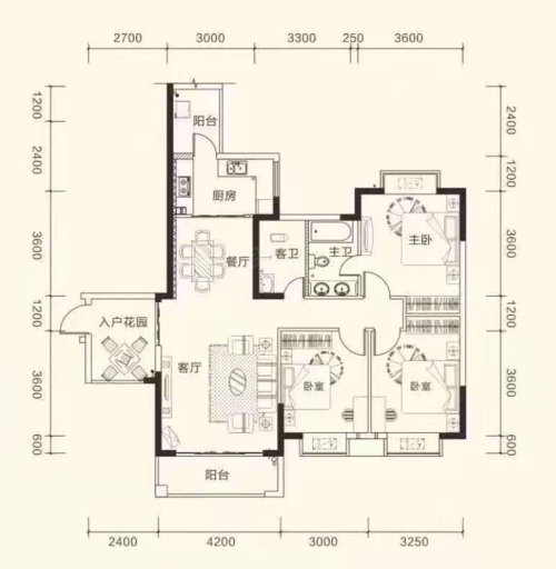 A户型，3室2厅2卫1厨，建筑面积约117.31平米户型图