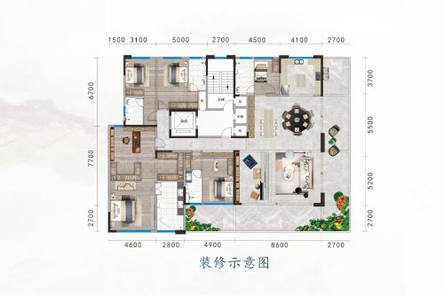 H户型，5室4厅5卫1厨，建筑面积约211.00平米户型图