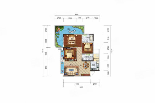 A户型，3室2厅2卫1厨，建筑面积约98.00平米户型图