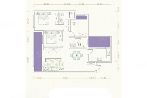 C户型，3室2厅2卫1厨，建筑面积约108.13平米户型图