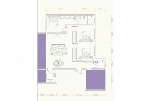 E户型，3室2厅2卫1厨，建筑面积约142.05平米户型图