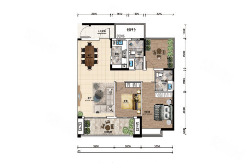 2室2厅2卫1厨，建筑面积约109.00平米户型图