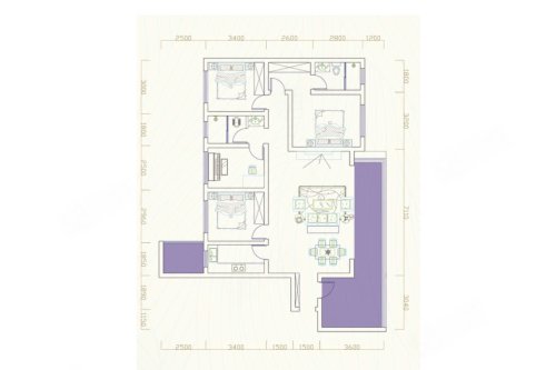 A户型，3室2厅2卫1厨，建筑面积约130.59平米户型图